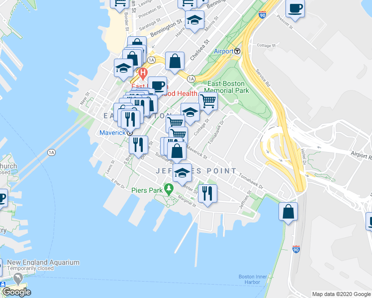 map of restaurants, bars, coffee shops, grocery stores, and more near 98 Everett Street in Boston