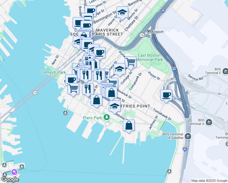 map of restaurants, bars, coffee shops, grocery stores, and more near 68 Cottage Street in Boston