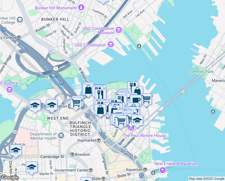map of restaurants, bars, coffee shops, grocery stores, and more near 50 Snow Hill Street in Boston