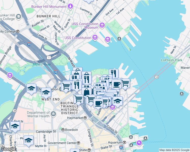 map of restaurants, bars, coffee shops, grocery stores, and more near 50 Snow Hill Street in Boston