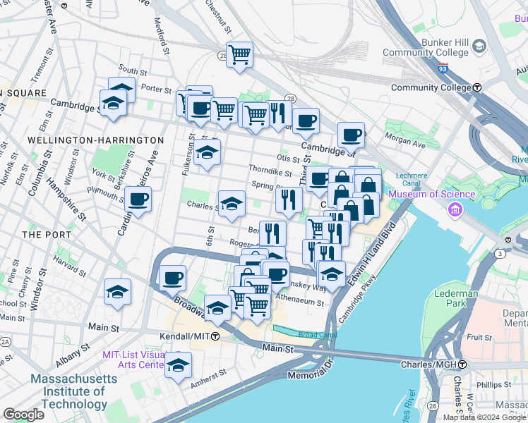 map of restaurants, bars, coffee shops, grocery stores, and more near 126-132 Charles Street in Cambridge