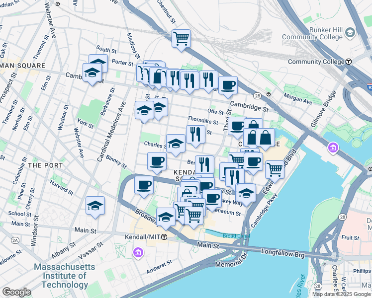 map of restaurants, bars, coffee shops, grocery stores, and more near 190 5th Street in Cambridge