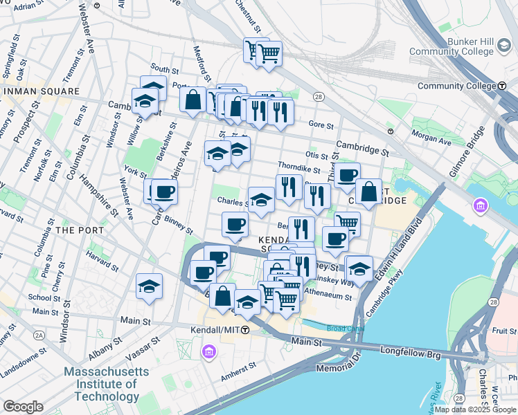 map of restaurants, bars, coffee shops, grocery stores, and more near 254 Bent Street in Cambridge