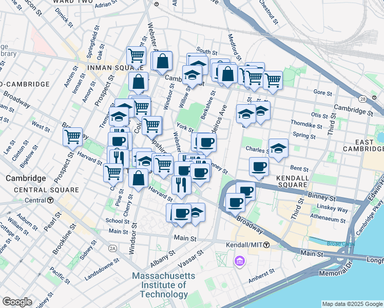 map of restaurants, bars, coffee shops, grocery stores, and more near 33 Webster Avenue in Cambridge