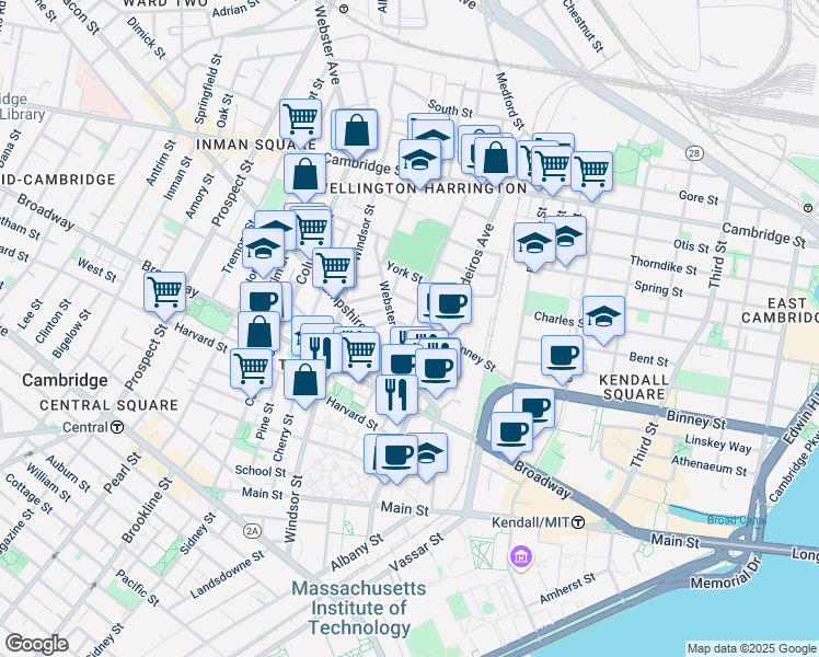 map of restaurants, bars, coffee shops, grocery stores, and more near 33 Webster Avenue in Cambridge