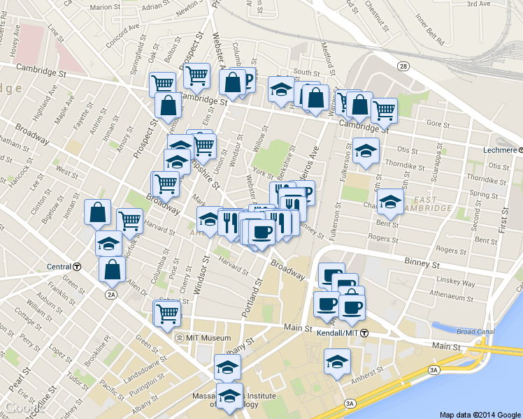 map of restaurants, bars, coffee shops, grocery stores, and more near 33 Webster Avenue in Cambridge