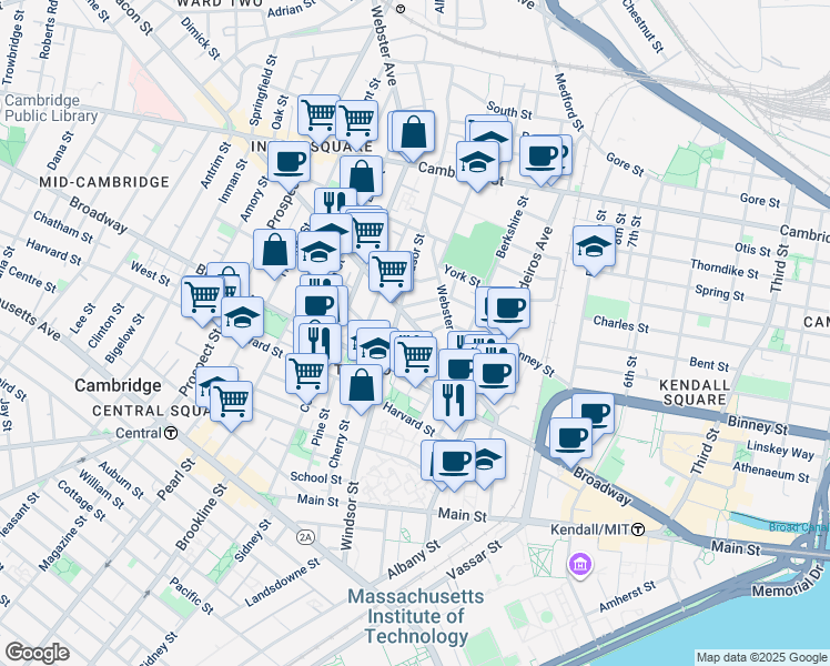 map of restaurants, bars, coffee shops, grocery stores, and more near 86 Bristol Street in Cambridge