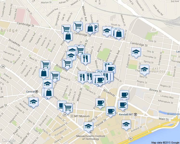 map of restaurants, bars, coffee shops, grocery stores, and more near 86 Bristol Street in Cambridge