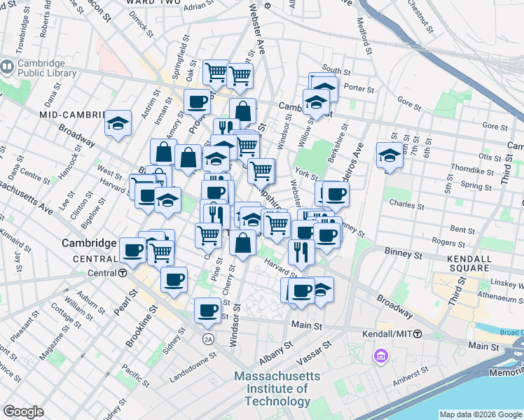 map of restaurants, bars, coffee shops, grocery stores, and more near in Cambridge