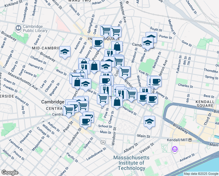 map of restaurants, bars, coffee shops, grocery stores, and more near 268 Broadway in Cambridge