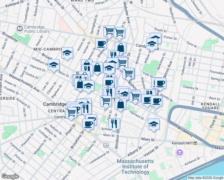 map of restaurants, bars, coffee shops, grocery stores, and more near 268 Broadway in Cambridge