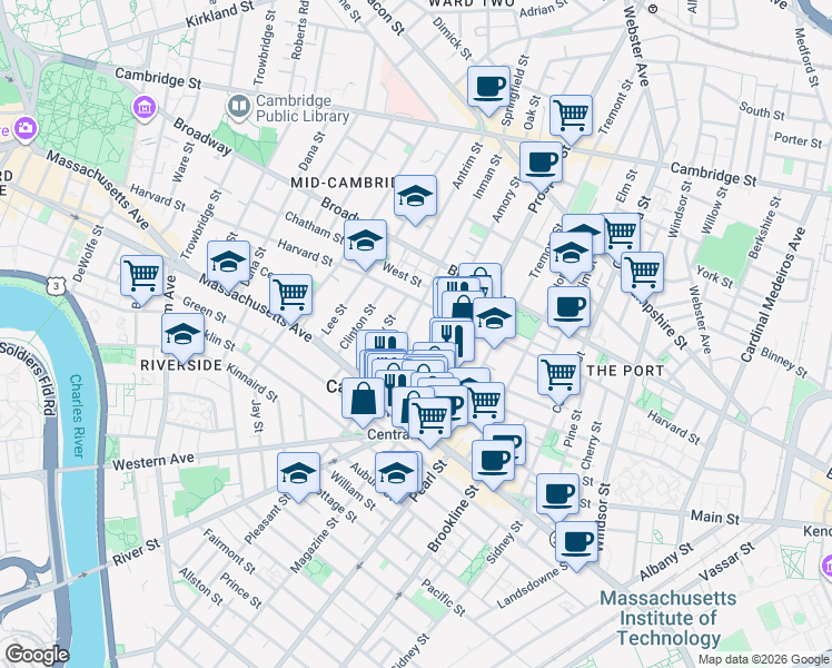 map of restaurants, bars, coffee shops, grocery stores, and more near 151 Bishop Allen Drive in Cambridge
