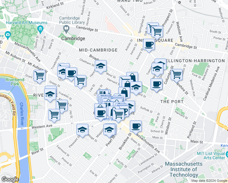 map of restaurants, bars, coffee shops, grocery stores, and more near 151 Bishop Allen Drive in Cambridge