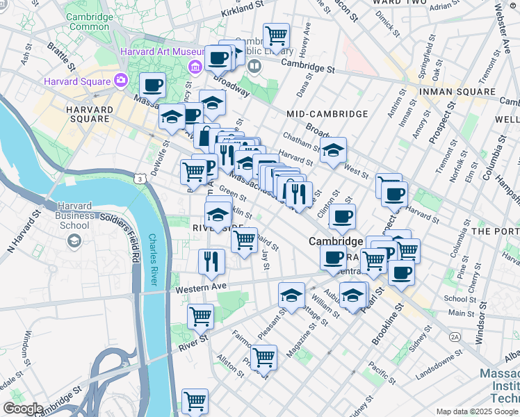 map of restaurants, bars, coffee shops, grocery stores, and more near 488 Franklin Street in Cambridge