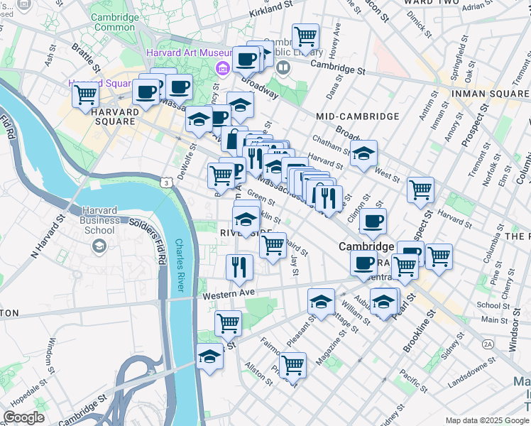 map of restaurants, bars, coffee shops, grocery stores, and more near 98 Kinnaird Street in Cambridge