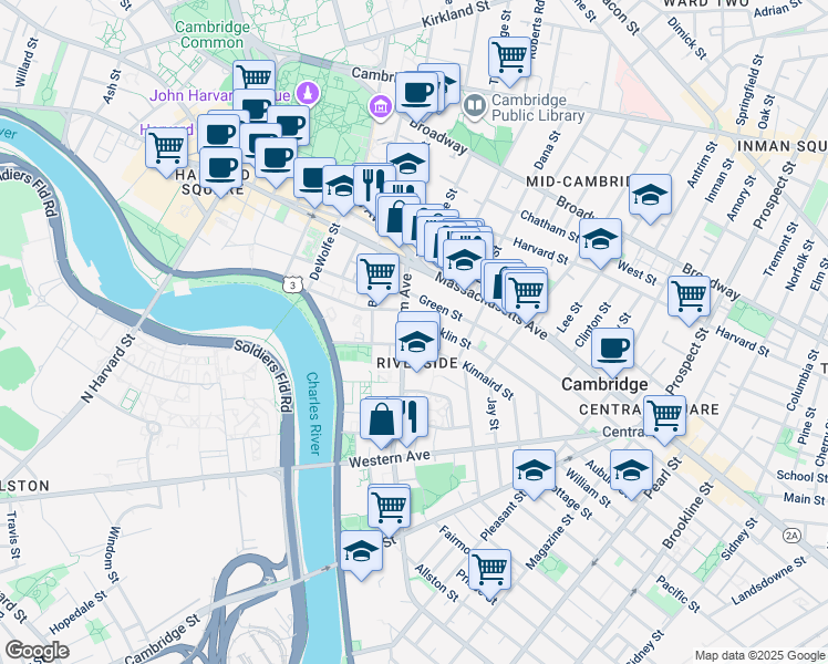 map of restaurants, bars, coffee shops, grocery stores, and more near 81 Putnam Avenue in Cambridge