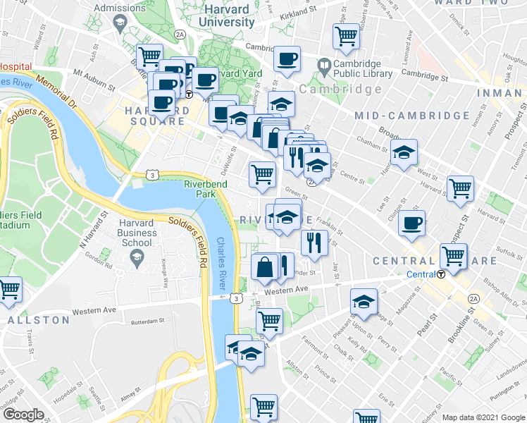 map of restaurants, bars, coffee shops, grocery stores, and more near 132 Banks Street in Cambridge