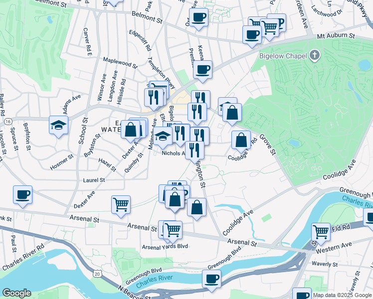 map of restaurants, bars, coffee shops, grocery stores, and more near 22 Nichols Avenue in Watertown