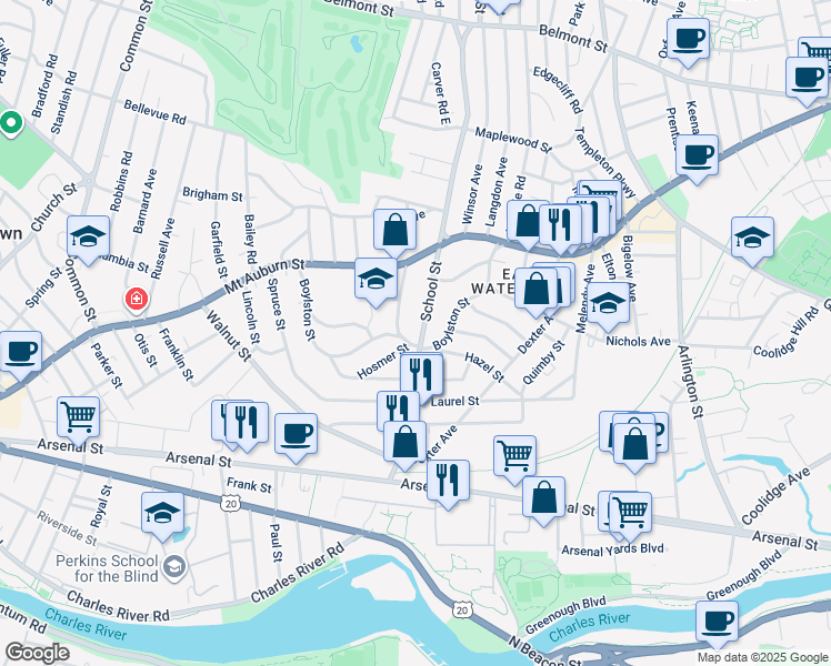 map of restaurants, bars, coffee shops, grocery stores, and more near 153 Boylston Street in Watertown