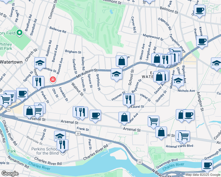 map of restaurants, bars, coffee shops, grocery stores, and more near 86 Boylston Street in Watertown