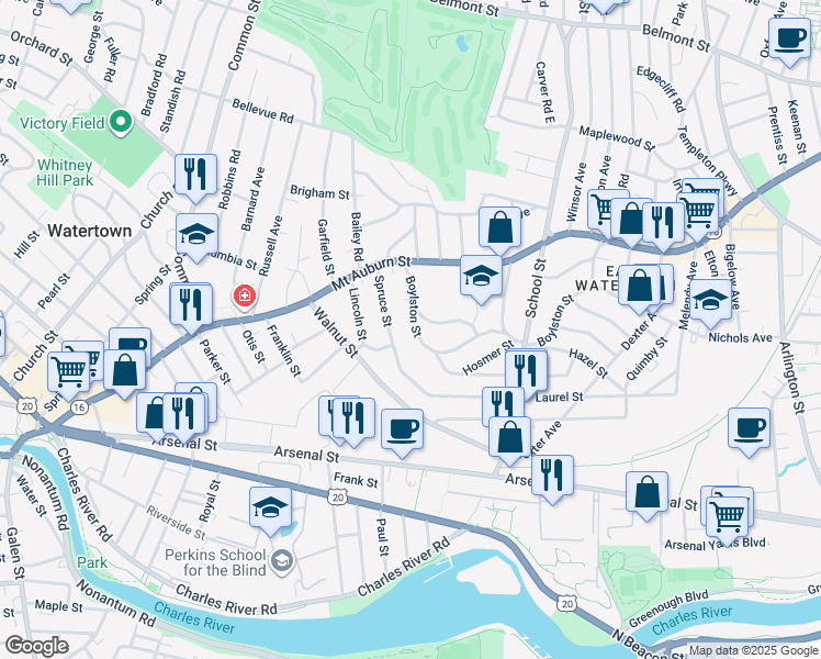 map of restaurants, bars, coffee shops, grocery stores, and more near 72 Spruce Street in Watertown
