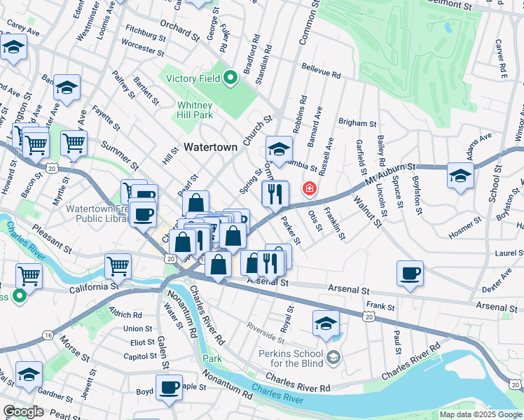 map of restaurants, bars, coffee shops, grocery stores, and more near 69 Mount Auburn Street in Watertown