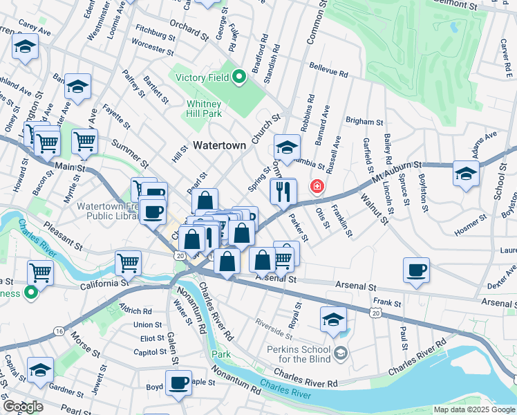 map of restaurants, bars, coffee shops, grocery stores, and more near 92 Mount Auburn Street in Watertown