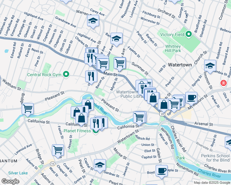 map of restaurants, bars, coffee shops, grocery stores, and more near 52 Green Street in Watertown
