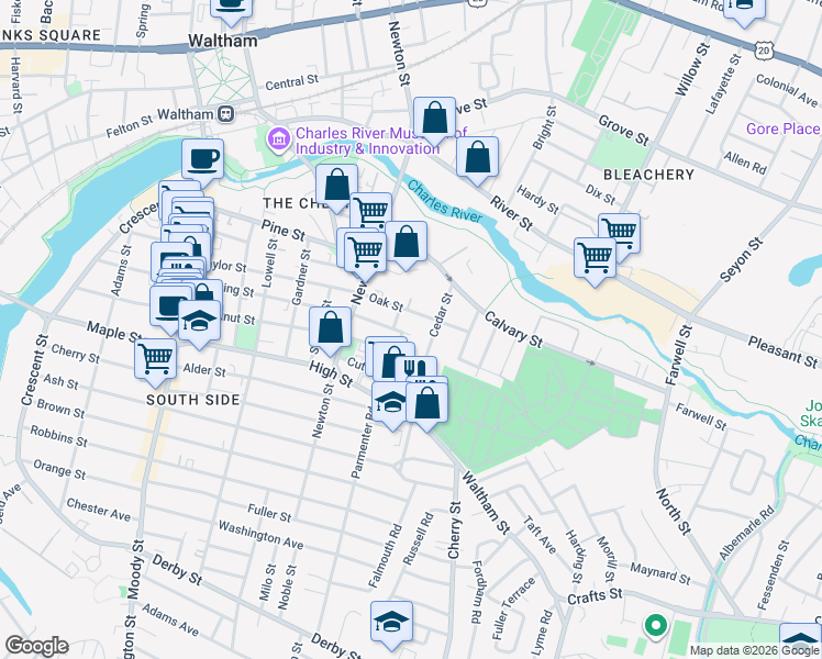 map of restaurants, bars, coffee shops, grocery stores, and more near 40 Clinton Street in Waltham