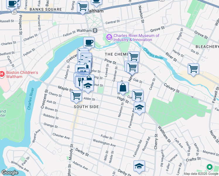map of restaurants, bars, coffee shops, grocery stores, and more near 80 High Street in Waltham