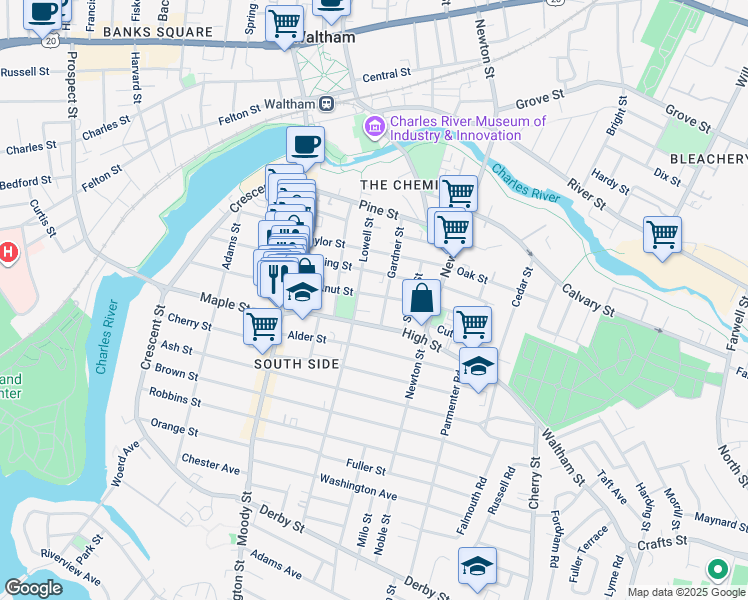 map of restaurants, bars, coffee shops, grocery stores, and more near 80 High Street in Waltham