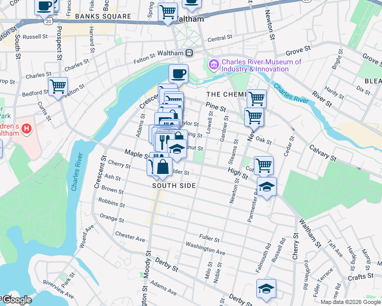 map of restaurants, bars, coffee shops, grocery stores, and more near 53 High Street in Waltham