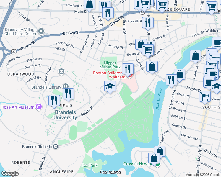 map of restaurants, bars, coffee shops, grocery stores, and more near 250 South Street in Waltham