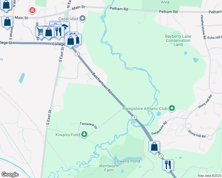 map of restaurants, bars, coffee shops, grocery stores, and more near 199 Belchertown Road in Amherst
