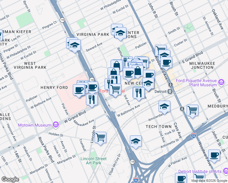 map of restaurants, bars, coffee shops, grocery stores, and more near 2898 West Grand Boulevard in Detroit