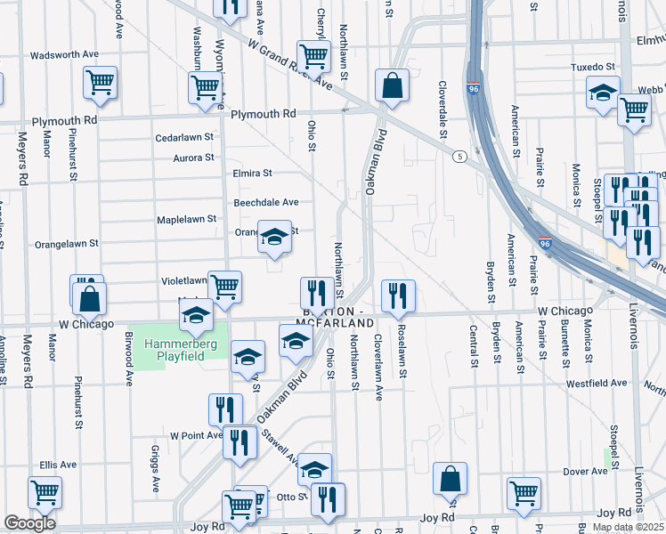 map of restaurants, bars, coffee shops, grocery stores, and more near 9584 Northlawn Street in Detroit