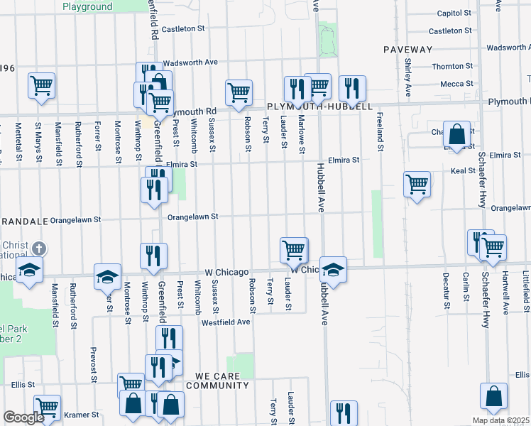 map of restaurants, bars, coffee shops, grocery stores, and more near 9634 Robson Street in Detroit