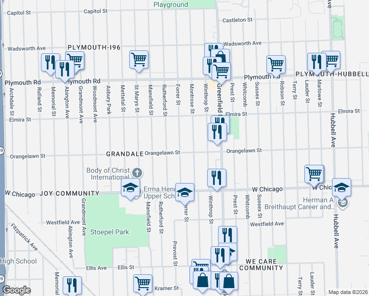 map of restaurants, bars, coffee shops, grocery stores, and more near 9660 Forrer Street in Detroit