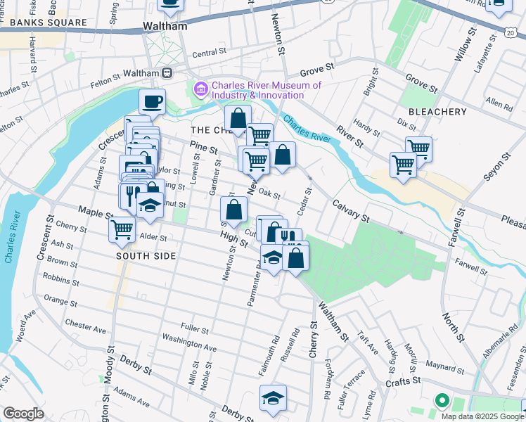 map of restaurants, bars, coffee shops, grocery stores, and more near 15 Clinton Street in Waltham