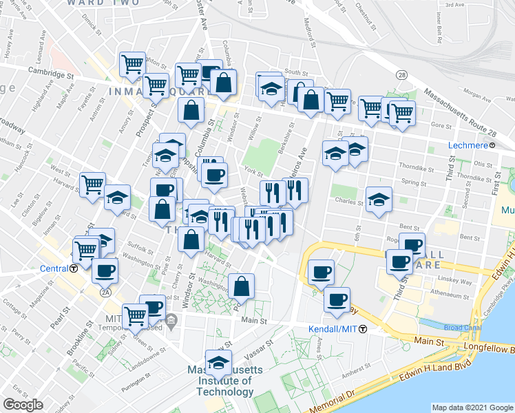 map of restaurants, bars, coffee shops, grocery stores, and more near Berkshire St & Bristol St in Cambridge