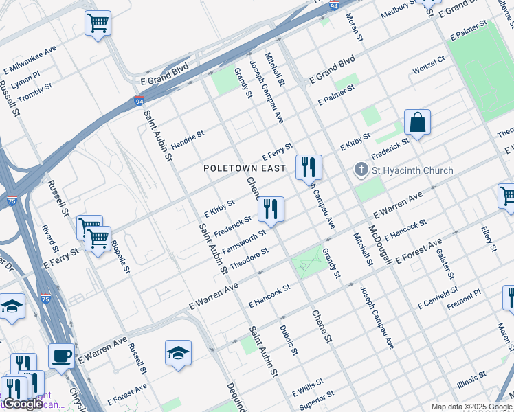 map of restaurants, bars, coffee shops, grocery stores, and more near 2262 Frederick Street in Detroit