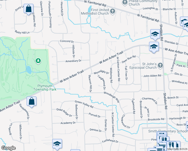 map of restaurants, bars, coffee shops, grocery stores, and more near 11985 Leighwood Drive in Plymouth