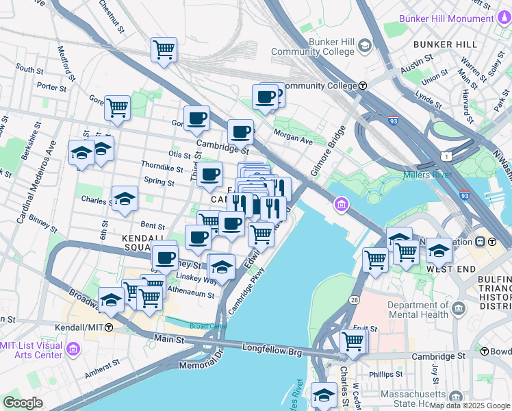 map of restaurants, bars, coffee shops, grocery stores, and more near 100 Cambridgeside Place in Cambridge