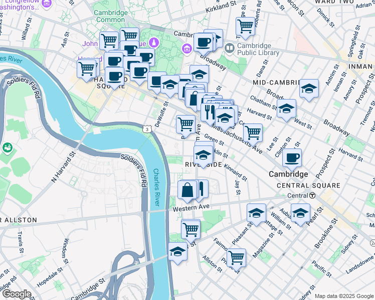 map of restaurants, bars, coffee shops, grocery stores, and more near 132 Banks Street in Cambridge