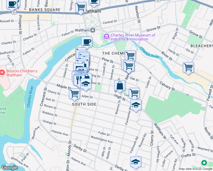 map of restaurants, bars, coffee shops, grocery stores, and more near 80 High Street in Waltham