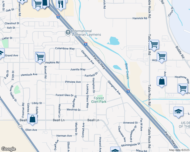 map of restaurants, bars, coffee shops, grocery stores, and more near 1018 Fairfield Drive in Central Point