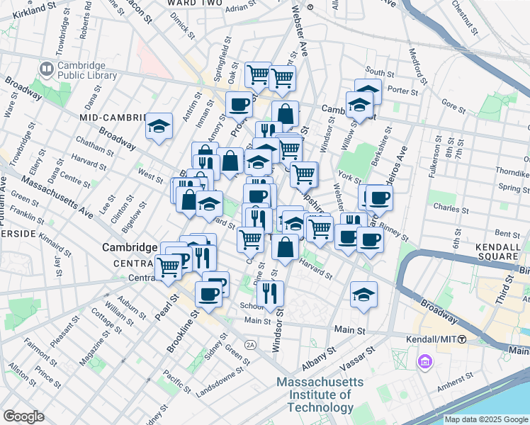 map of restaurants, bars, coffee shops, grocery stores, and more near 268 Broadway in Cambridge