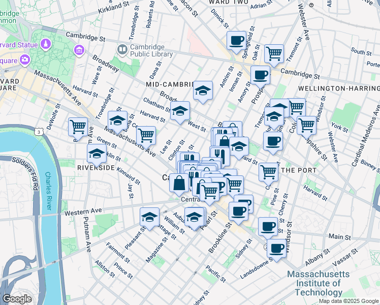 map of restaurants, bars, coffee shops, grocery stores, and more near 18 Bigelow Street in Cambridge