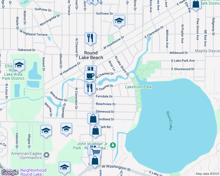 map of restaurants, bars, coffee shops, grocery stores, and more near 132 Ferndale Drive in Round Lake Beach