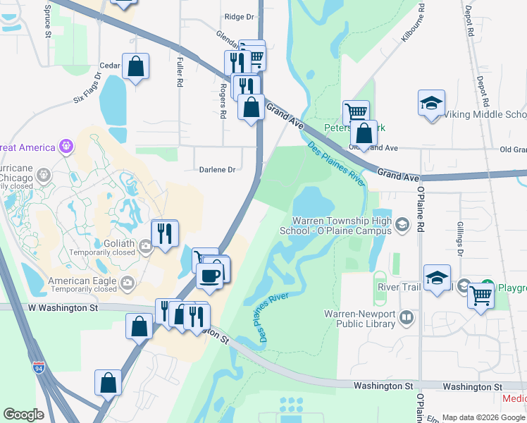map of restaurants, bars, coffee shops, grocery stores, and more near 501 North Riverside Drive in Gurnee